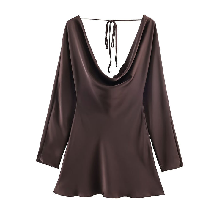 Women's Short Satin Mini Dress with Deep Waterfall Back, V-Neck Front, and Long Sleeves Mune Fashion