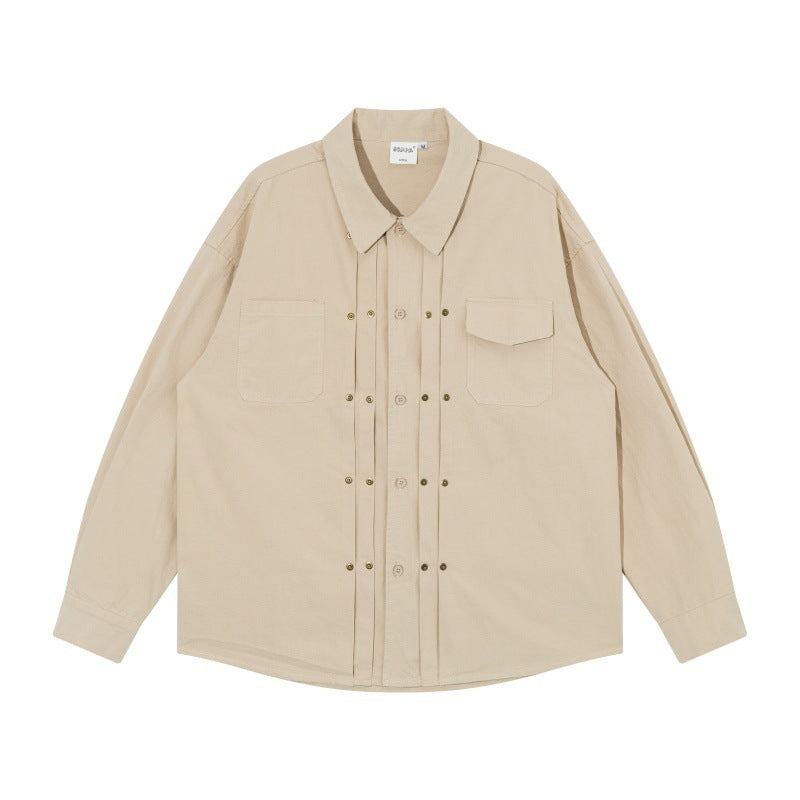 Men's Oversized Shirt Jacket in Workwear Style with Decorative Stitching and Metal Rivets Mune Fashion
