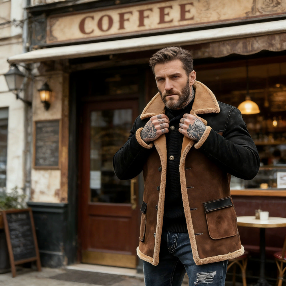 Men's Long Faux Shearling Coat with Shawl Collar, Contrast Sleeves, and Flap Pockets Mune Fashion