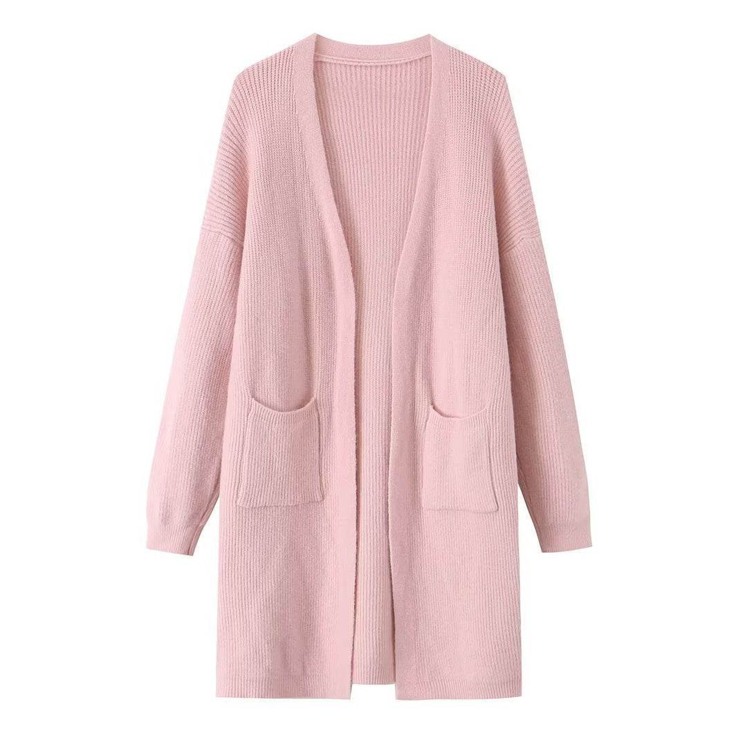Ladies Longline Knit Cardigan with Patch Pockets and Open Front Mune Fashion