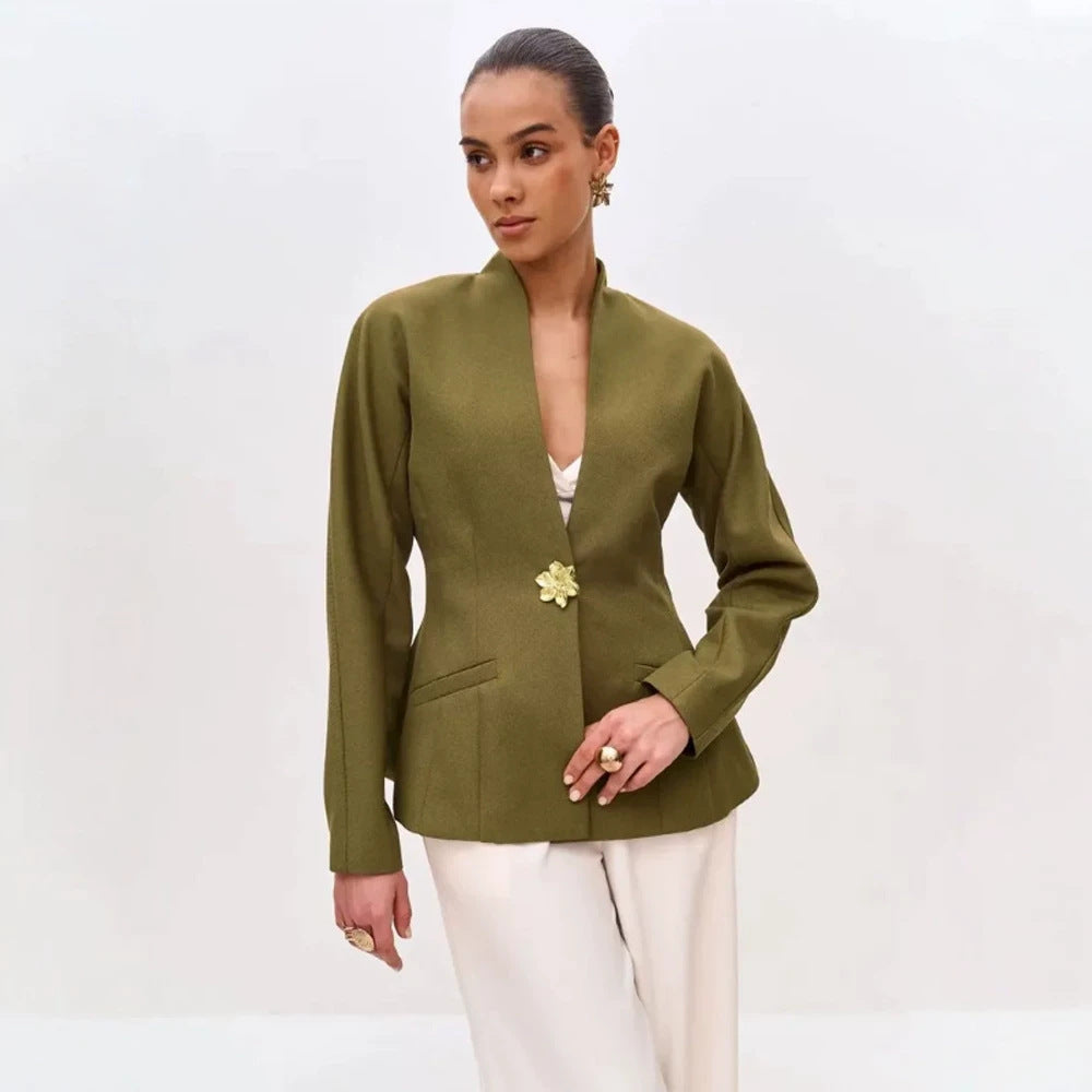 Women's sculptural tailored jacket with peplum, stand-up collar and decorative brooch Mune Fashion