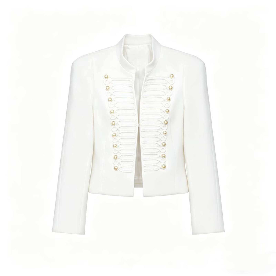 Ladies short jacket inspired by military with stand-up collar and decorative cords Mune Fashion