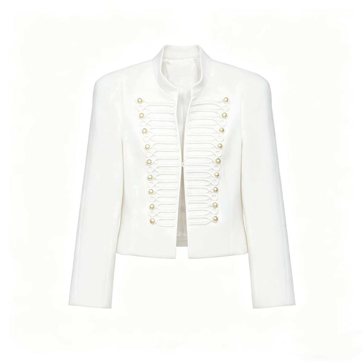 Ladies short jacket inspired by military with stand-up collar and decorative cords Mune Fashion