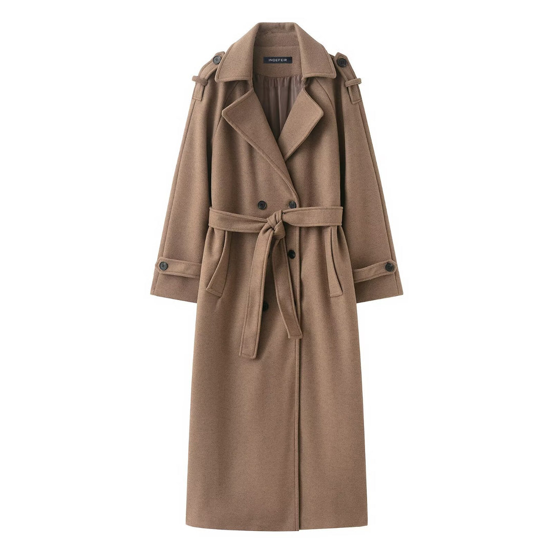 Women 100+ double-breasted maxi long coat in trench style with tie belt Mune Fashion