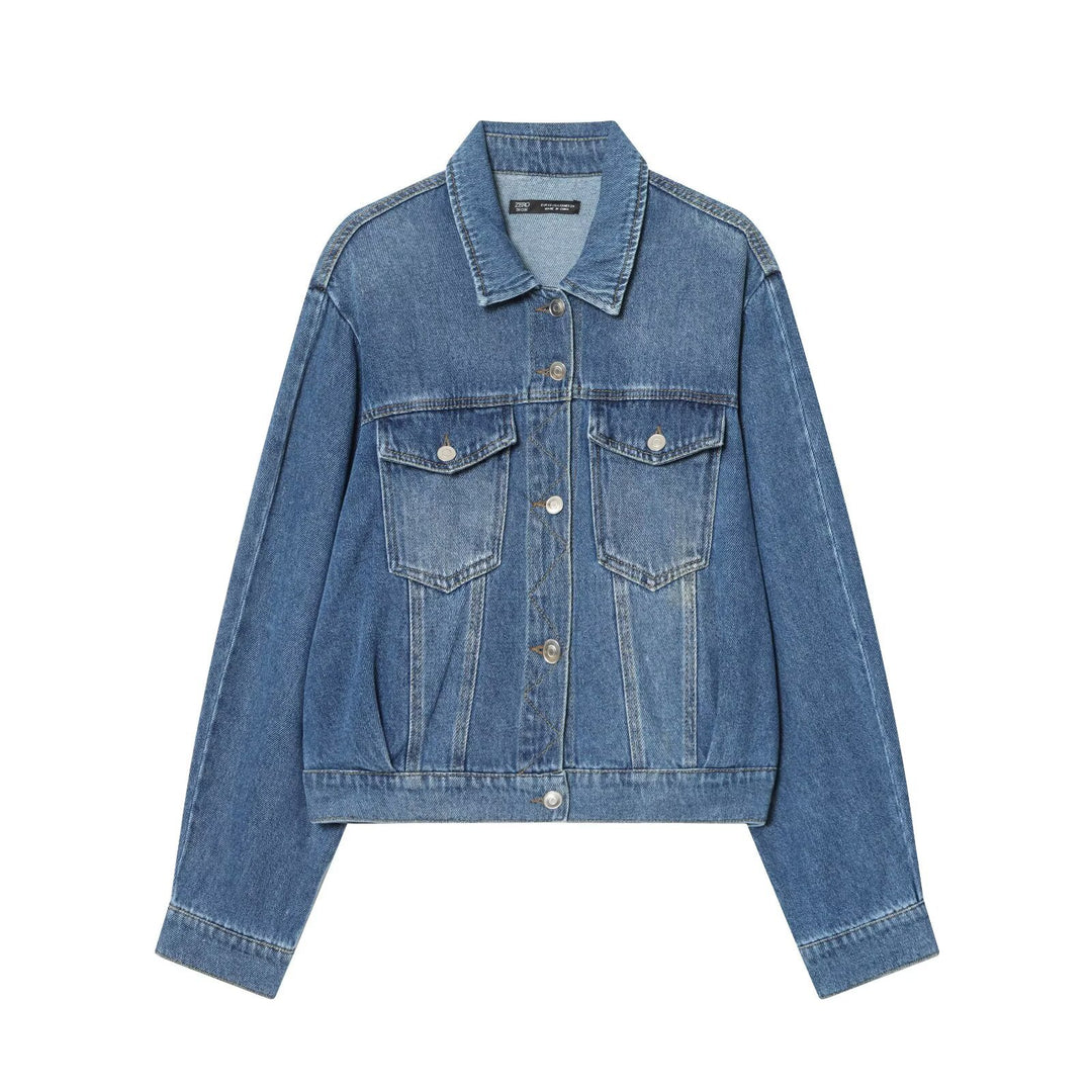 Women's short cut oversized denim jacket with flap pockets Mune Fashion