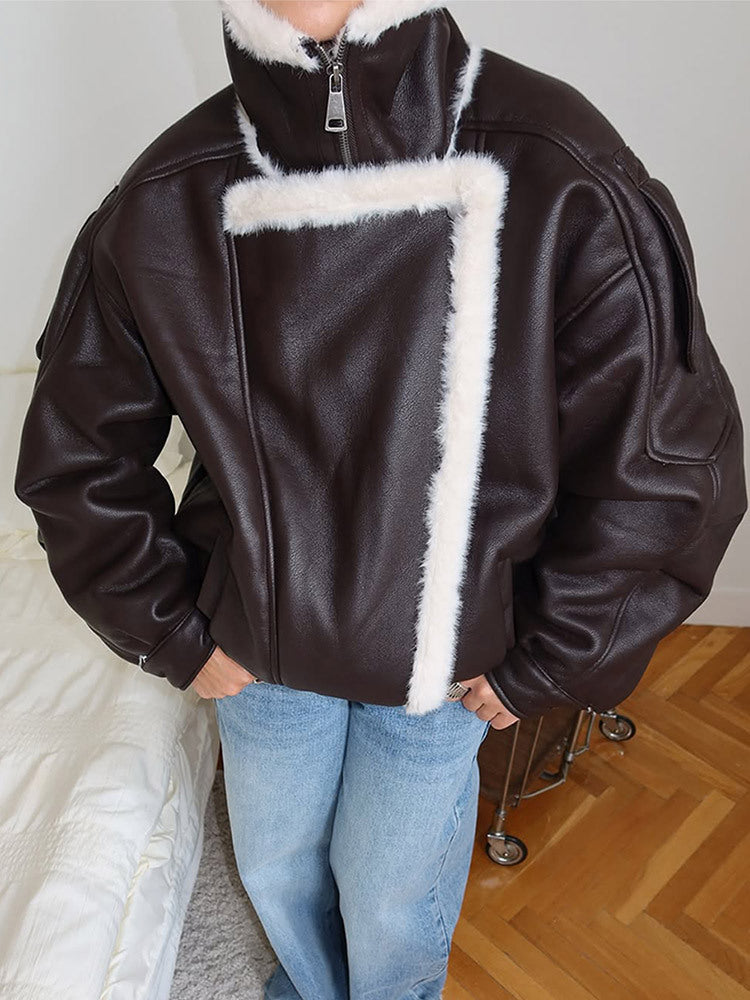 Women's Oversized Flight Jacket made of Faux Leather with Asymmetrical Faux Fur Trim Mune Fashion