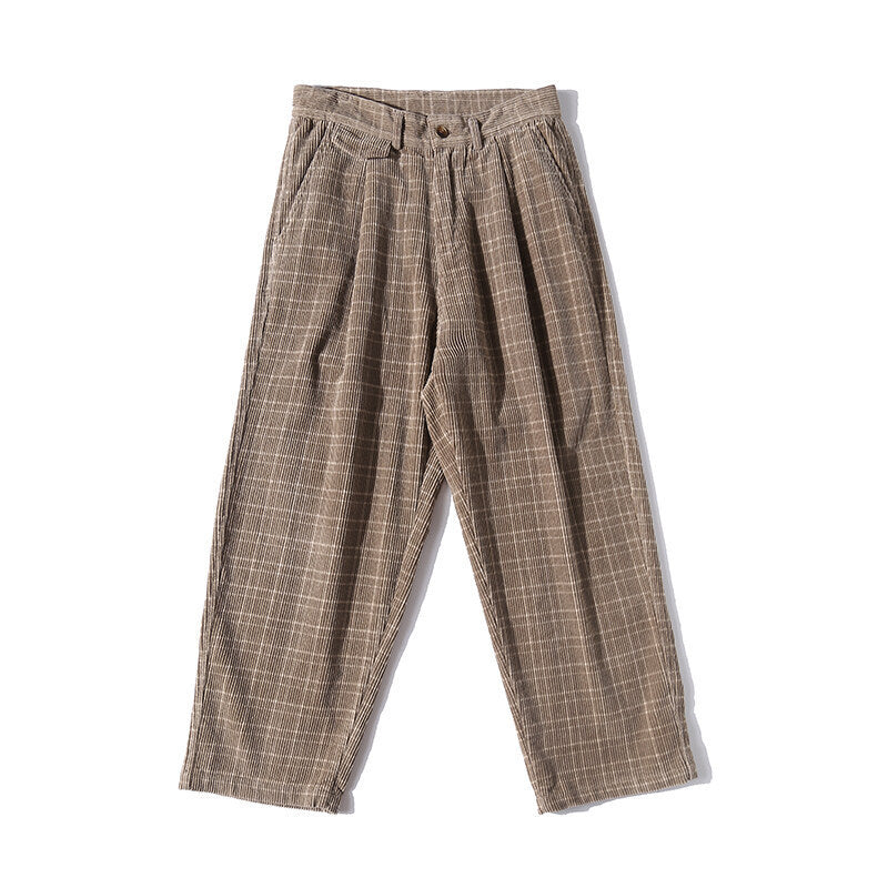 Men's Wide Cord Pants with Pleats, Cropped Cut and Check Pattern Mune Fashion