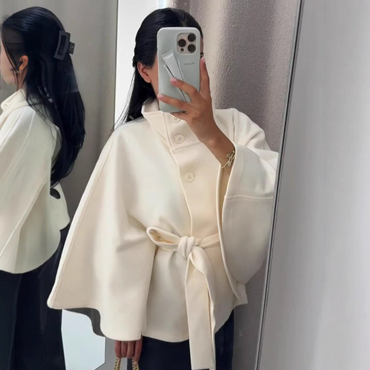 Women Elegant Wool Cape with Waist Belt, Standing Collar and Concealed Button Placket Mune Fashion