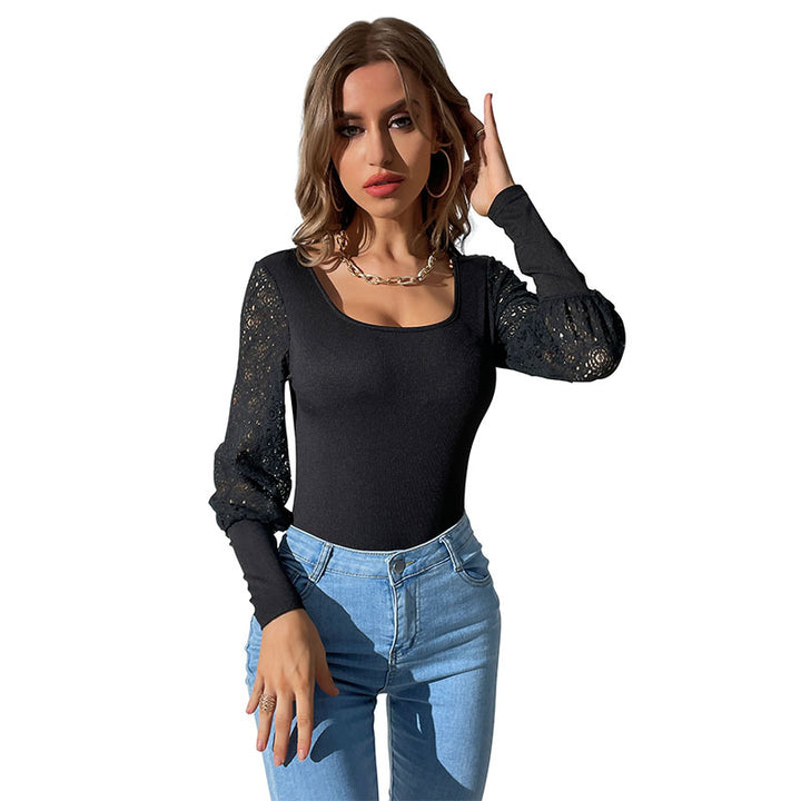 Ladies long-sleeved bodysuit with lace sleeves and square neckline Mune Fashion