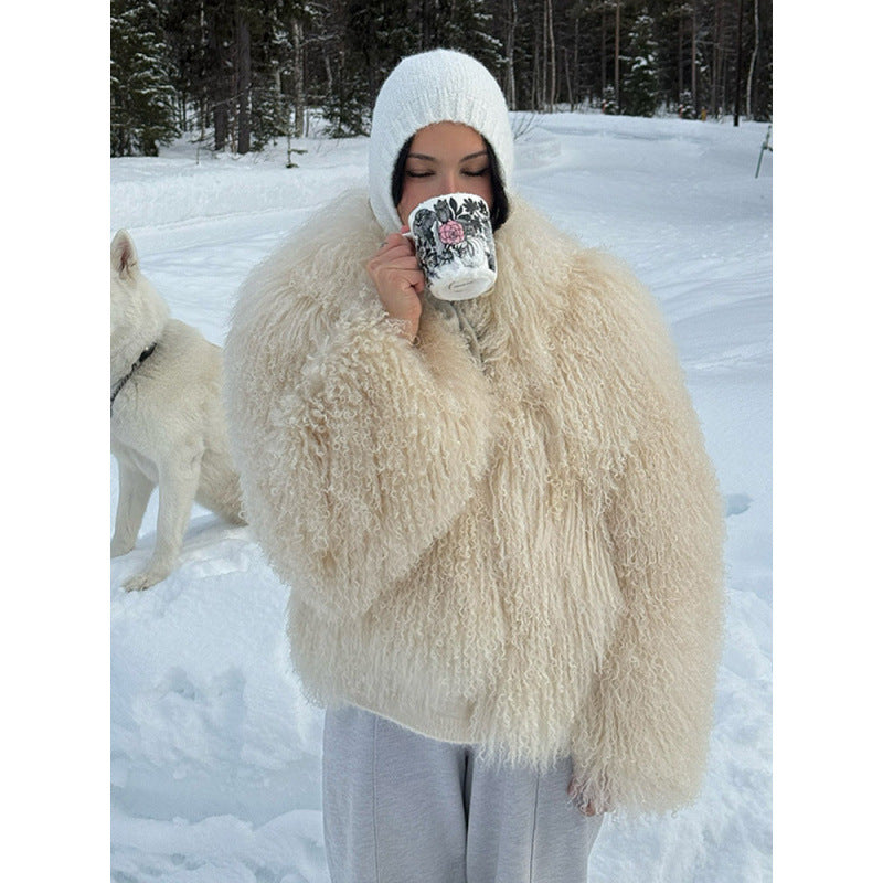 Women's Cozy Short Jacket in Lambskin Look with Curly Long Pile Structure Mune Fashion