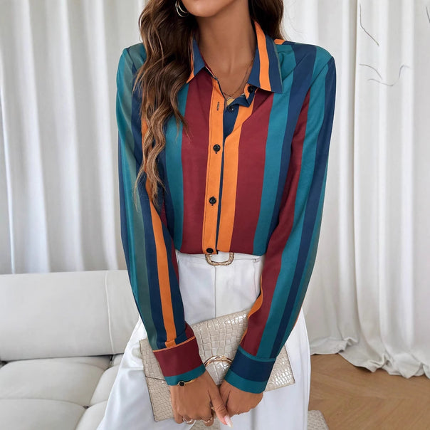 Women's Striped Shirt Blouse with Kent Collar, Continuous Button Placket and Tailored Casual Cut Mune Fashion