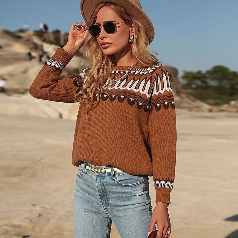 Women's knit sweater with Norwegian pattern and round neckline Mune Fashion