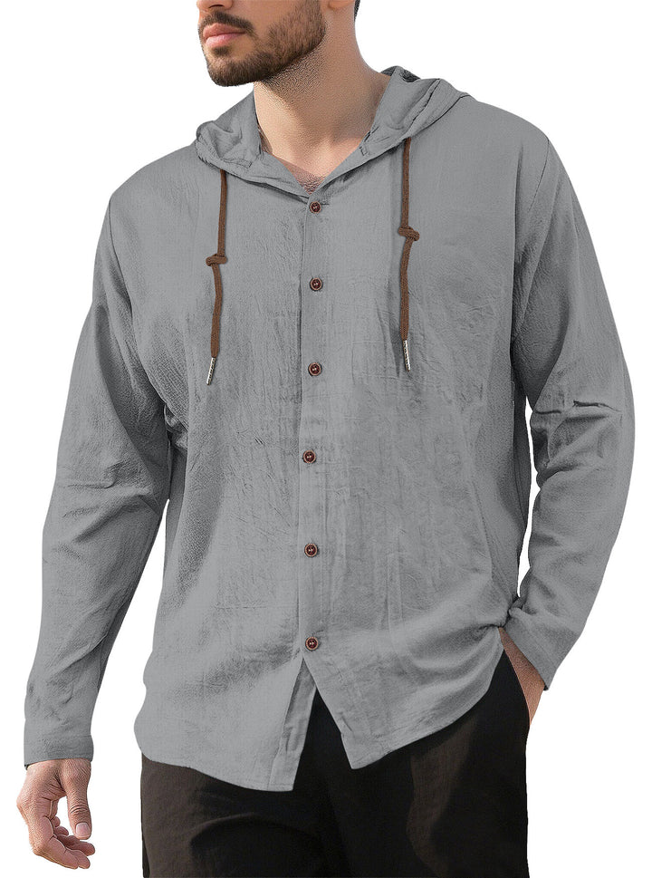 Men's textured linen blend hooded shirt with button placket, wood buttons, and side slits Mune Fashion