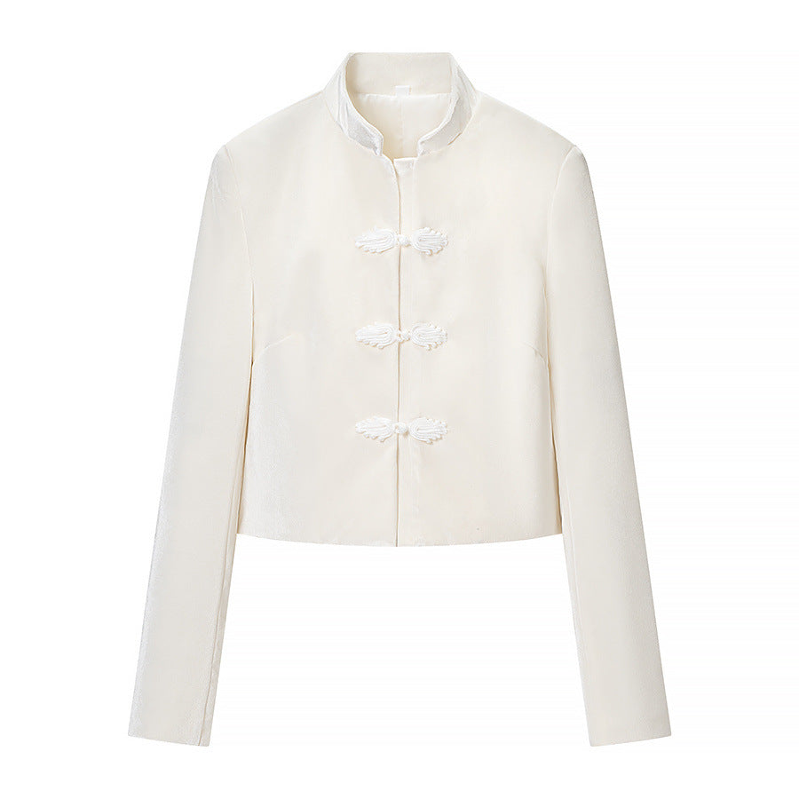 Women's Cropped Jacket in Mandarin Style with Stand Collar and Decorative Knot Closures Mune Fashion