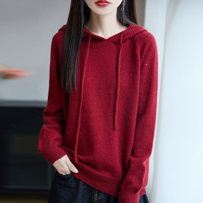 Women's Soft Fine Knit Hoodie with Nep Yarn and Ribbed Cuffs Mune Fashion