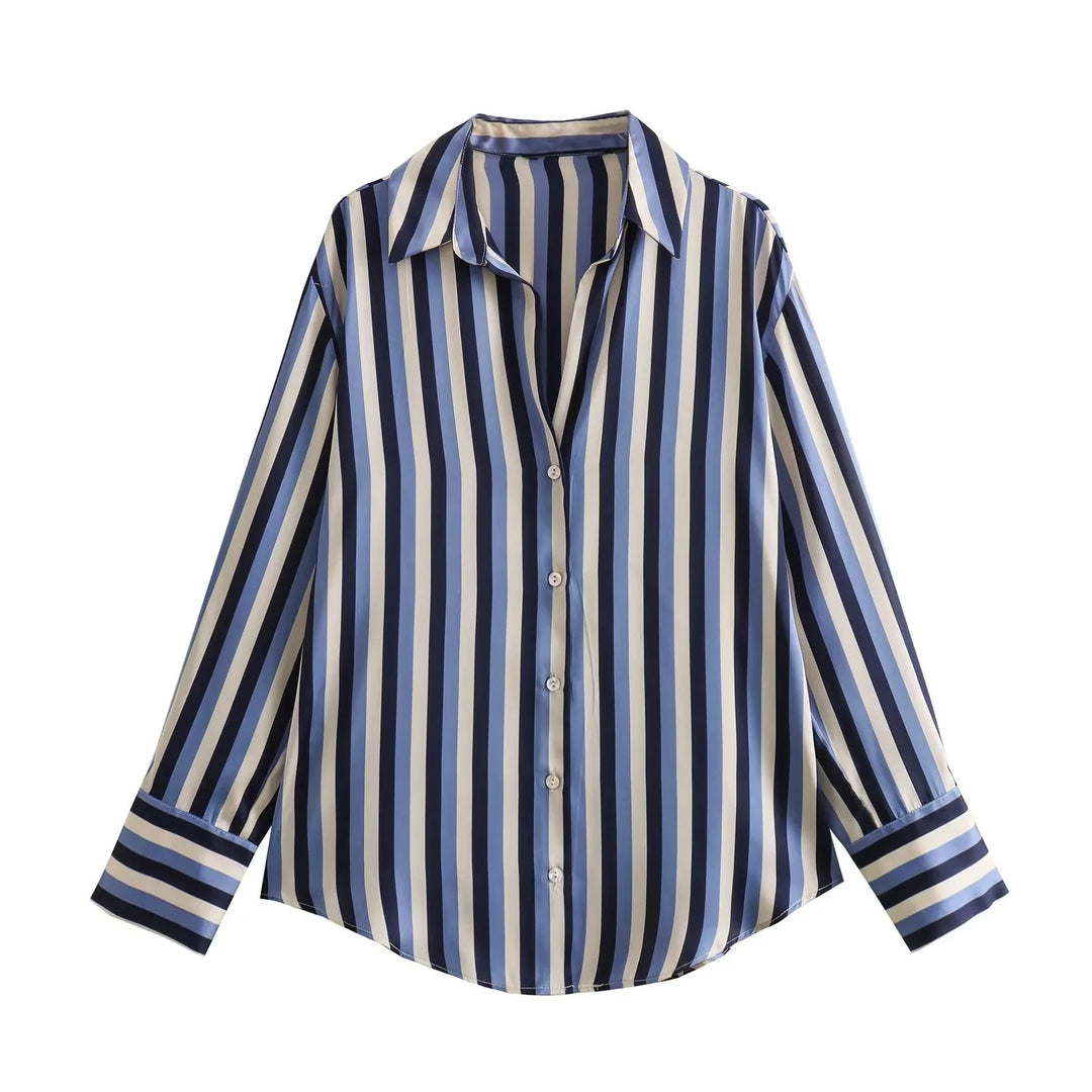 Ladies Oversized Satin Blouse with Shirt Collar and Wide Cuffs Mune Fashion