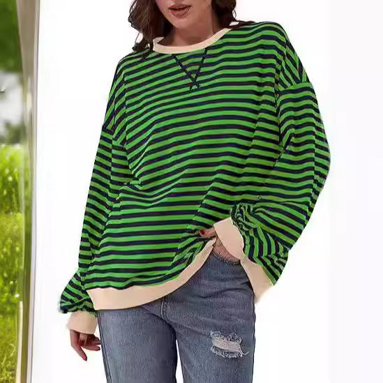 Women Striped Oversized Sweater with Contrast Cuffs Mune Fashion