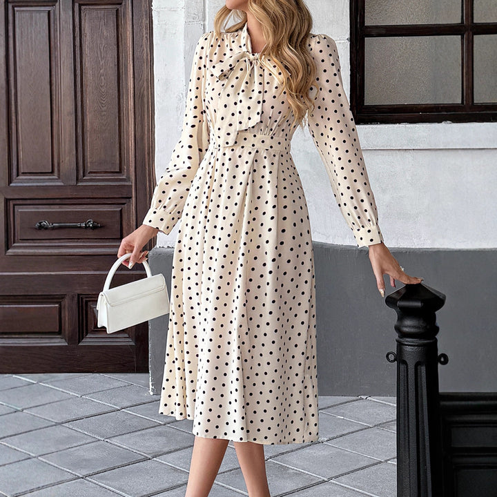 Women’s Midi Dress with Bow Collar and Dots Mune Fashion