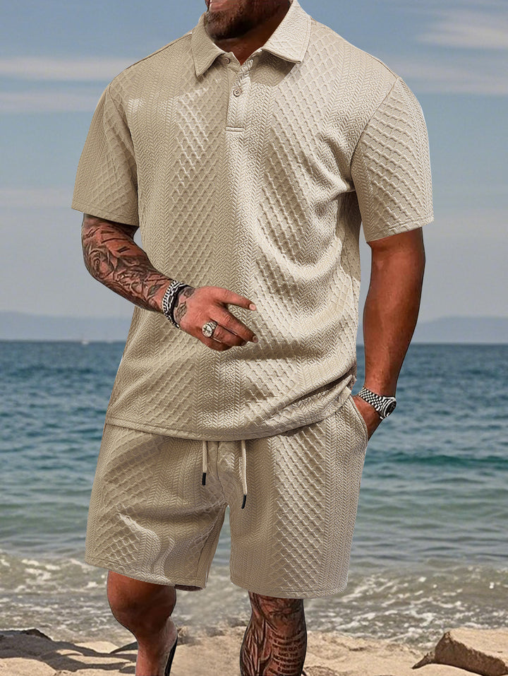Men's embossed beach ensemble with open short sleeve shirt and cord Bermuda Mune Fashion
