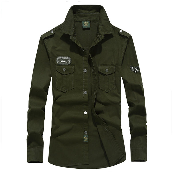Men's rugged long-sleeve utility shirt made of cotton blend with shoulder epaulettes, embroidered applications, and double breast pockets Mune Fashion