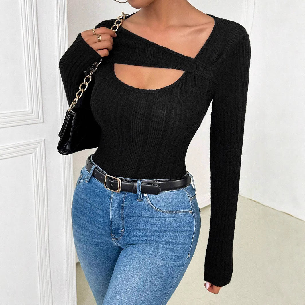 Women's figure-hugging long-sleeved rib knit top with keyhole and asymmetric neckline Mune Fashion