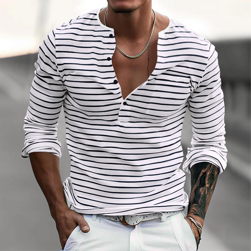 Men's striped long-sleeve shirt with short button placket, round neckline, and subtle chest pocket Mune Fashion