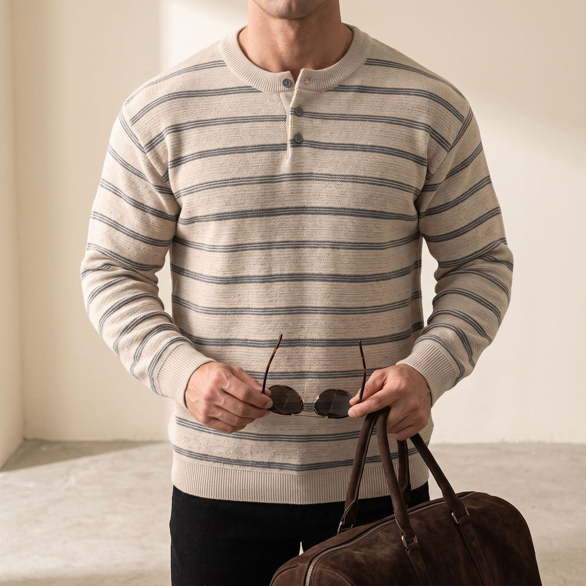 Men's Henley knit sweater with fine texture and horizontal stripes Mune Fashion