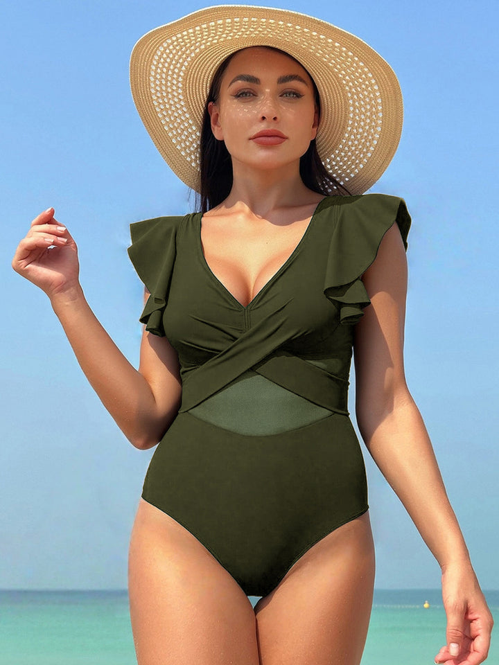 Ladies Elegant One-Piece Swimsuit with Asymmetric Ruffle Design Mune Fashion