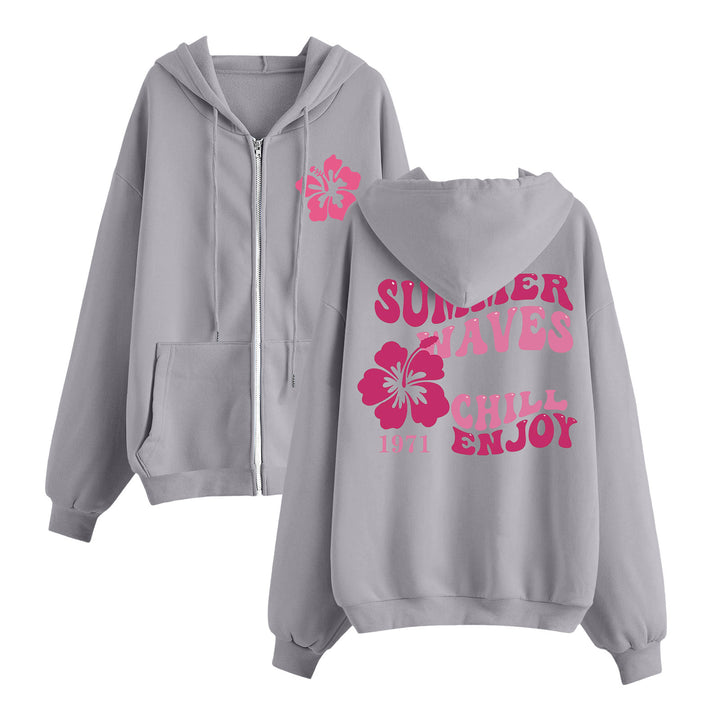 Women's relaxed zip hoodie with tropical hibiscus print, kangaroo pockets, and ribbed cuffs Mune Fashion