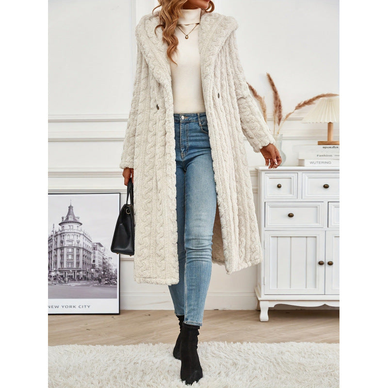 Women's Long Hooded Teddy Coat with Cable Knit Look Mune Fashion