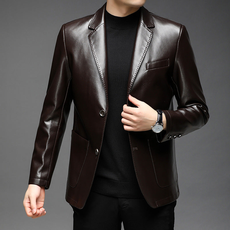 Men's Elegant Faux Leather Blazer in Tailored Fit with Lapel Collar and Flap Pockets Mune Fashion