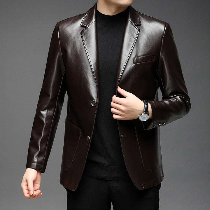 Men's Elegant Faux Leather Blazer in Tailored Fit with Lapel Collar and Flap Pockets Mune Fashion