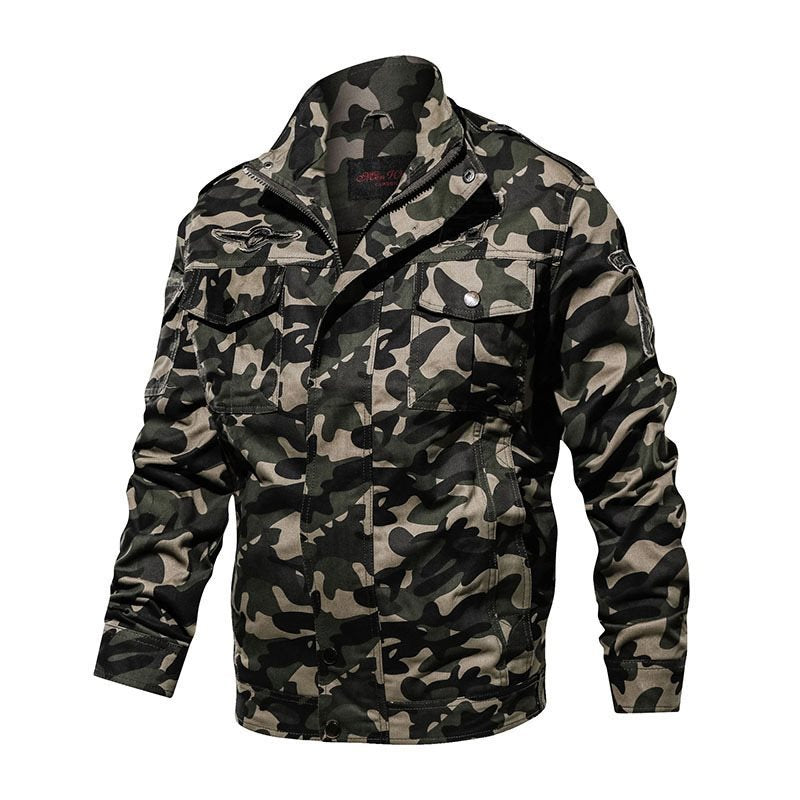 Men's camouflage field jacket in military utility style with epaulettes, multiple pockets, and zipper Mune Fashion