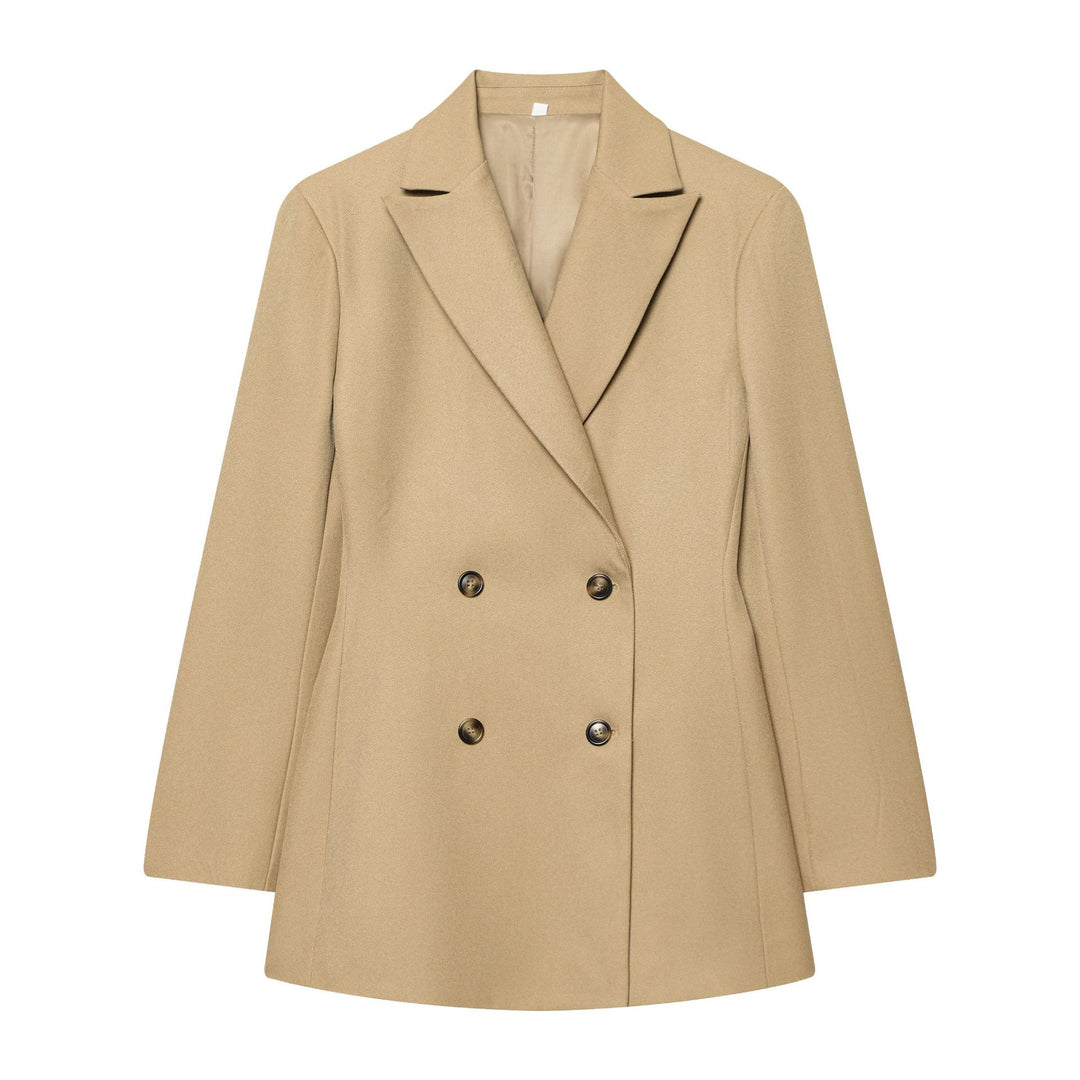 Women's double-breasted wool blend coat with lapel collar, fitted cut and elegant midi length Mune Fashion