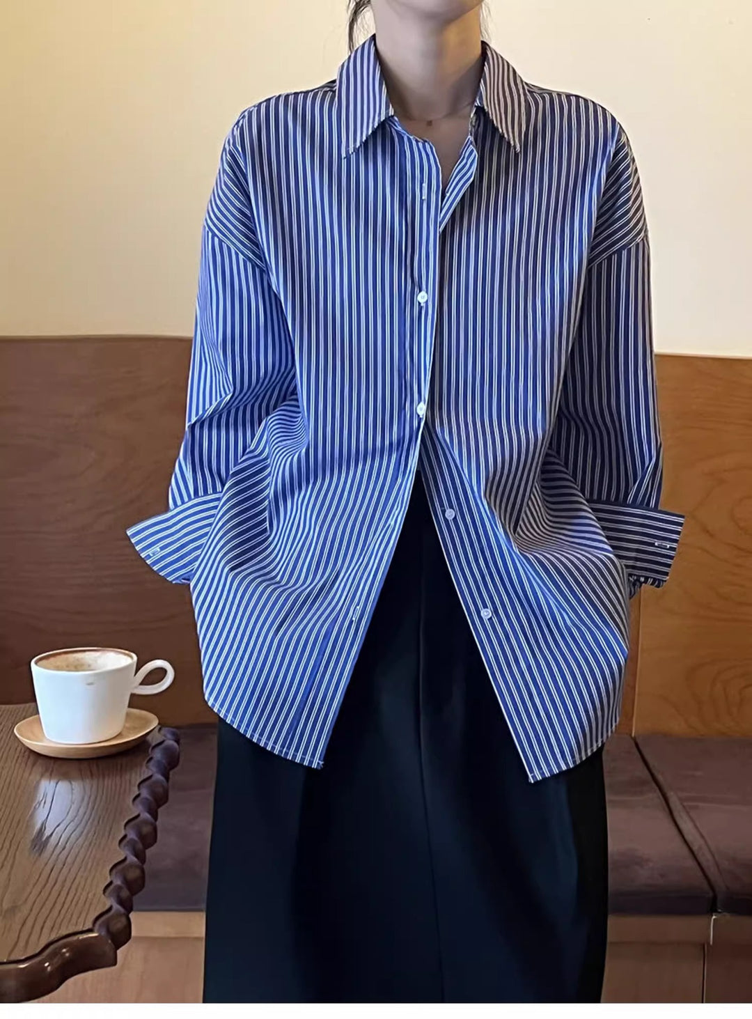 Women Oversized Long Sleeve Shirt Blouse with Vertical Stripes and Loose Fit Mune Fashion