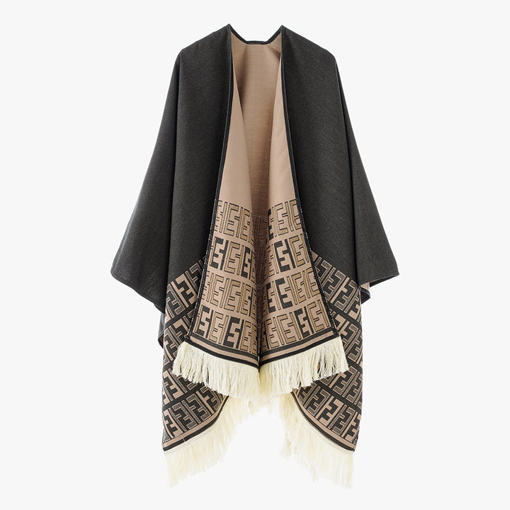 Women Reversible Jacquard Cape Wrap with Monogram Border and Fringes