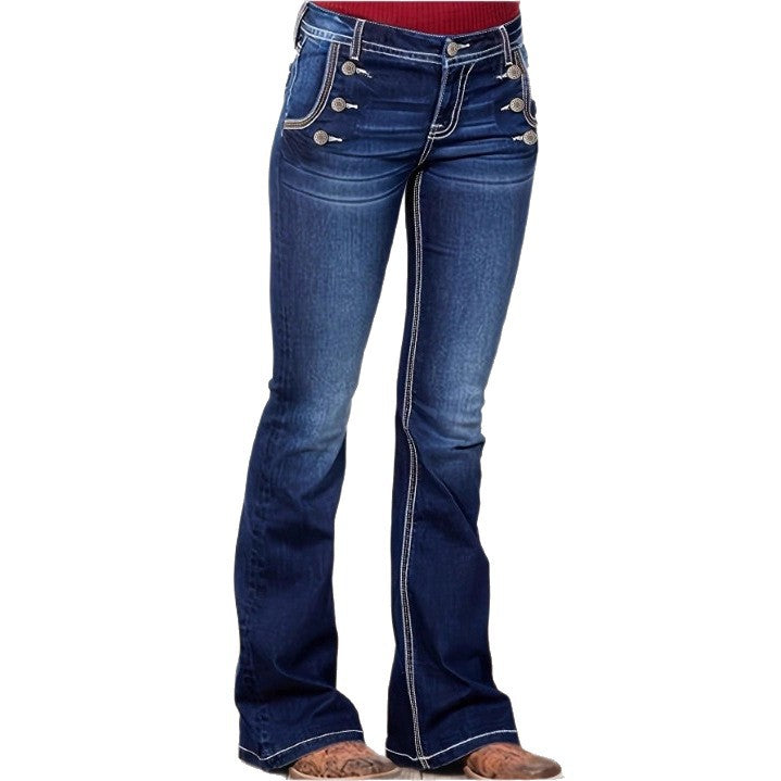 Women's High-Waisted Flared Jeans with Decorative Metal Buttons and Contrast Stitching Mune Fashion