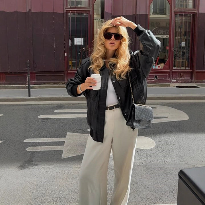 Ladies Boxy Faux Leather Blouson with Stand-up Collar and Gathered Cuffs Mune Fashion