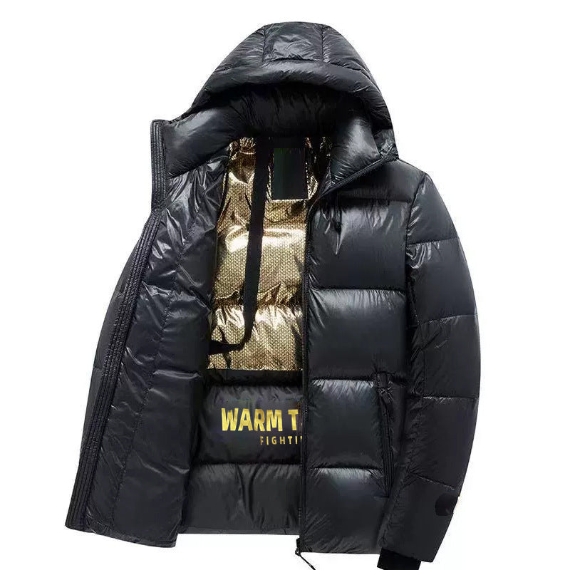 Men's glossy thermo quilted jacket with reflective lining, hood, and heat-insulating padding Mune Fashion
