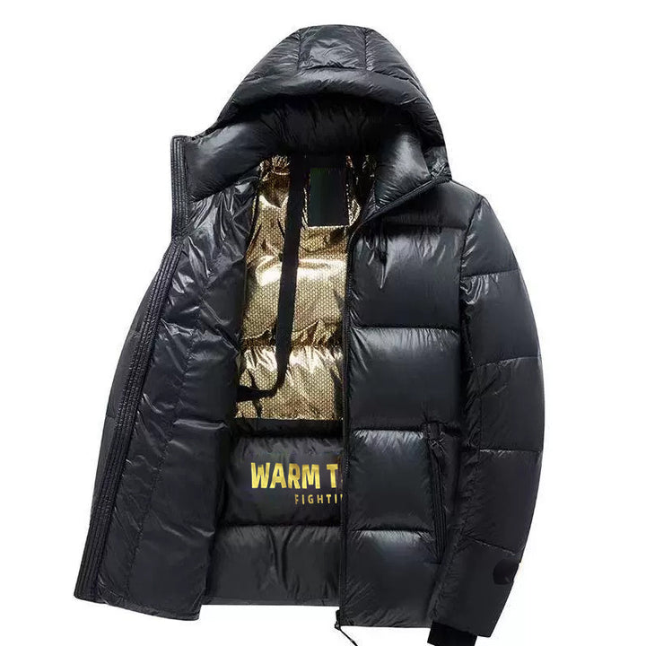 Men's glossy thermo quilted jacket with reflective lining, hood, and heat-insulating padding Mune Fashion