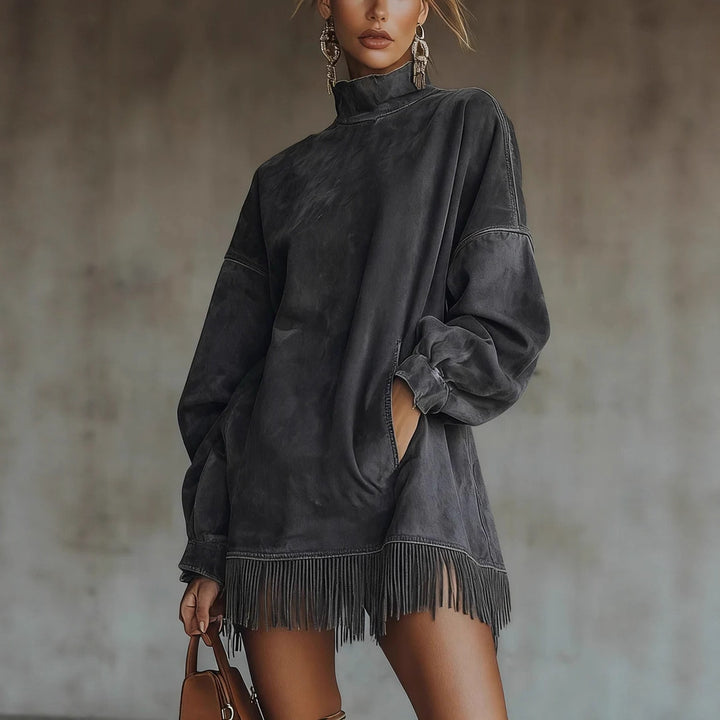 Women's oversized suede-look tunic with stand-up collar and fringes Mune Fashion