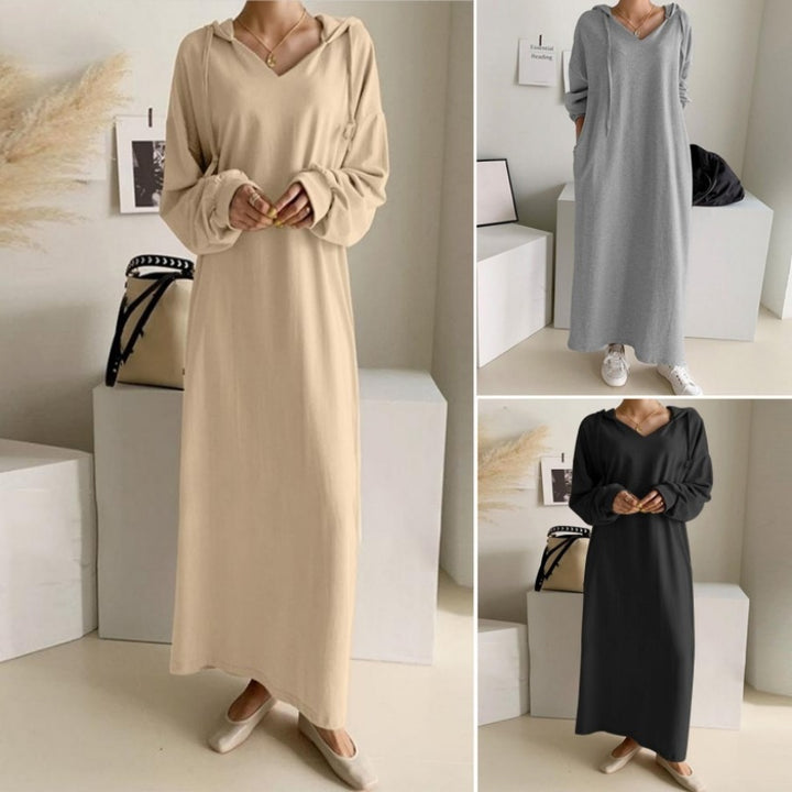 Women's casual hooded maxi dress with V-neck, long sleeves, loose straight cut, and elastic cuffs Mune Fashion