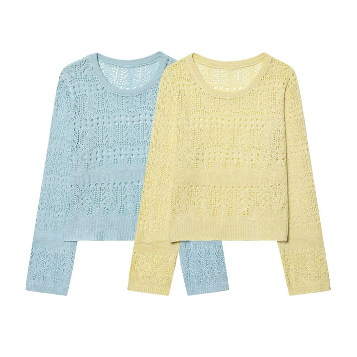 Women's fine knit openwork pullover with round neck and delicate lace pattern Mune Fashion