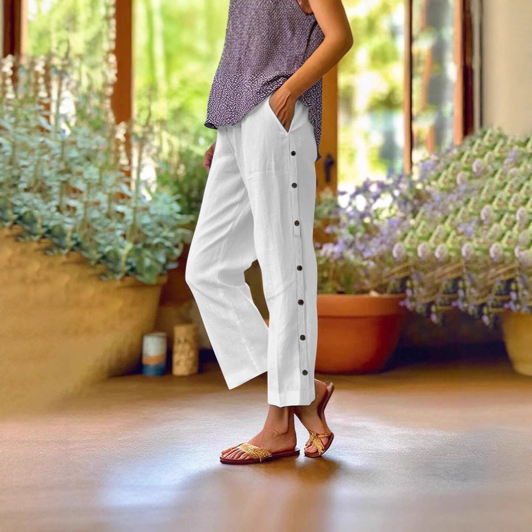 Women's Cropped Wide-Leg Button-Trim Linen-Blend Casual Pants Mune Fashion