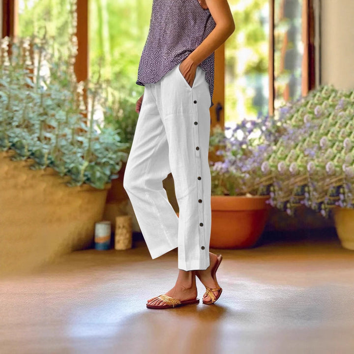 Women's Cropped Wide-Leg Button-Trim Linen-Blend Casual Pants Mune Fashion