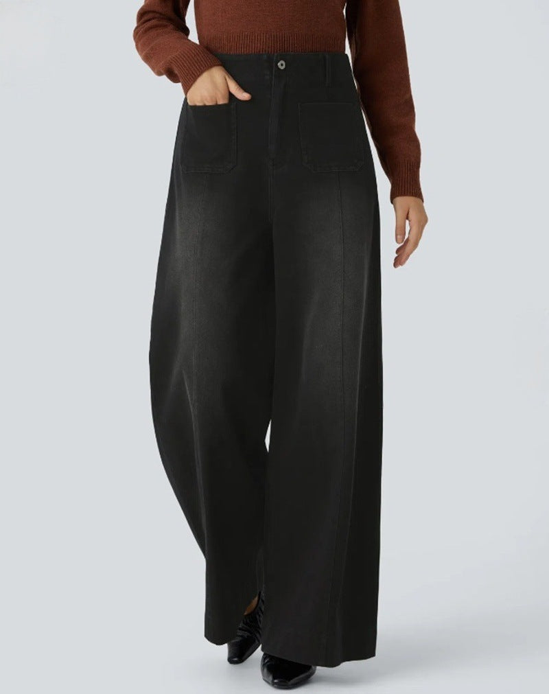 Women's high-waisted wide jeans pants with patch front pockets and vertical decorative seam Mune Fashion