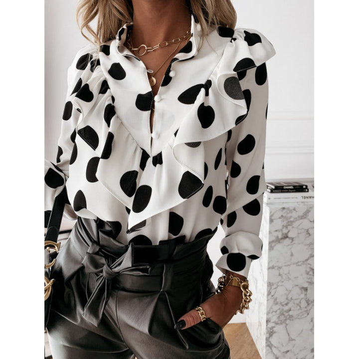 Women’s Ruffle Blouse with Ruffled Collar, Gathered Waist and Polka Dot Print Mune Fashion