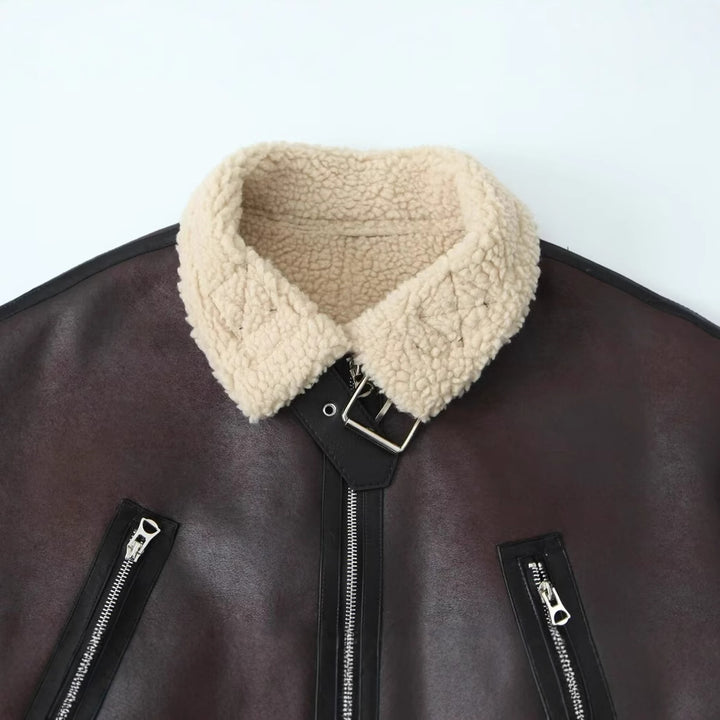 Women's Short Aviator Jacket in Leather Look with Teddy Lining, Zipper Pockets, and Waist Belt Mune Fashion