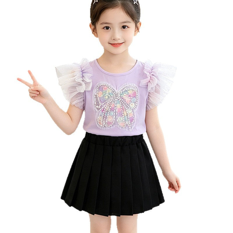 Girl's T-shirt with eye-catching butterfly design and lace sleeves Mune Fashion