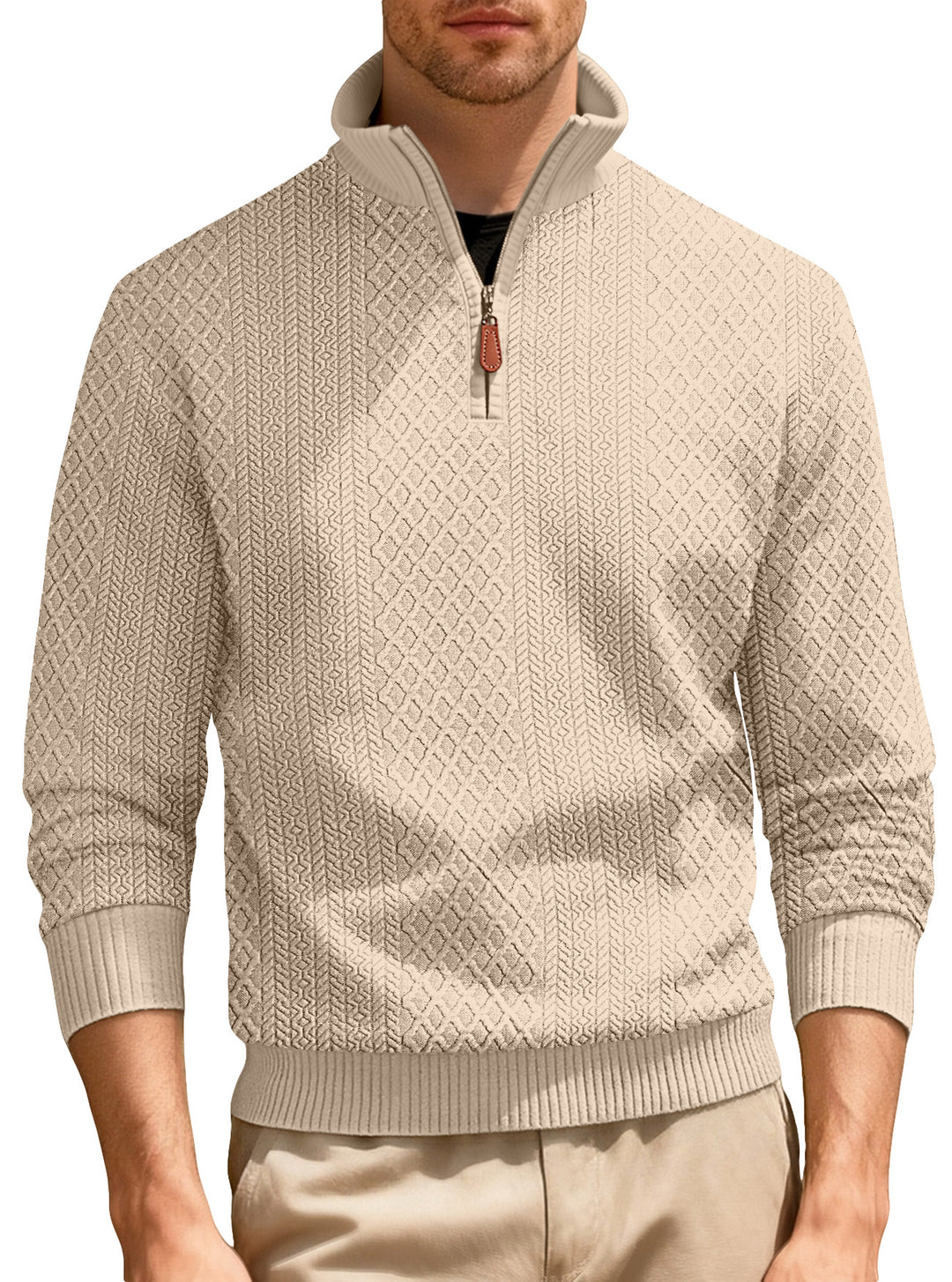 Men's half-zip pullover in fine-structured jacquard relief with high stand-up collar and leather zipper Mune Fashion